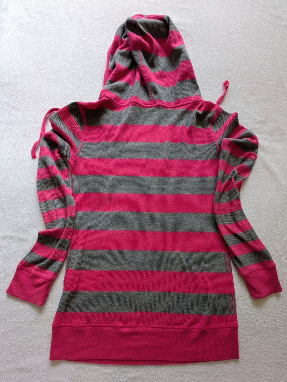 SO Lounge Women's Striped Pullover Hoodie Hooded Pockets Pink Gray S Y2K - Picture 3 of 6